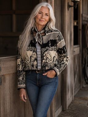 NWT Vintage Women's Black & Cream Horse-Print Zip Jacket-Small